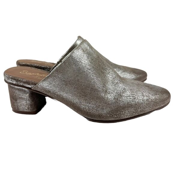Seychelles Mules Stacked Block Heels 7.5 Leather Pointed Toe Pewter Silver Muse - Picture 1 of 11